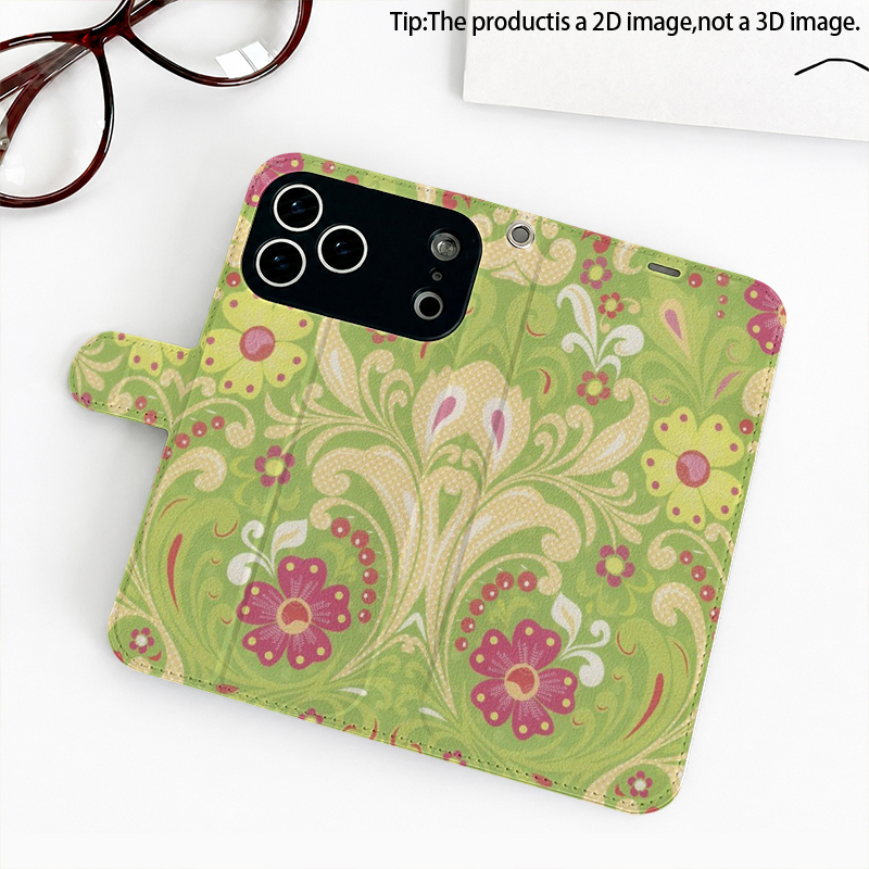 Phone Cases With Stand - เคสโทรศัพท์หนังเทียมลายเถาวัลย์ดอกไม้ป่าแบบ 2D พร้อมขาตั้งพับได้สำหรับ iPhone 17/16/15/14/13/12/11 pro