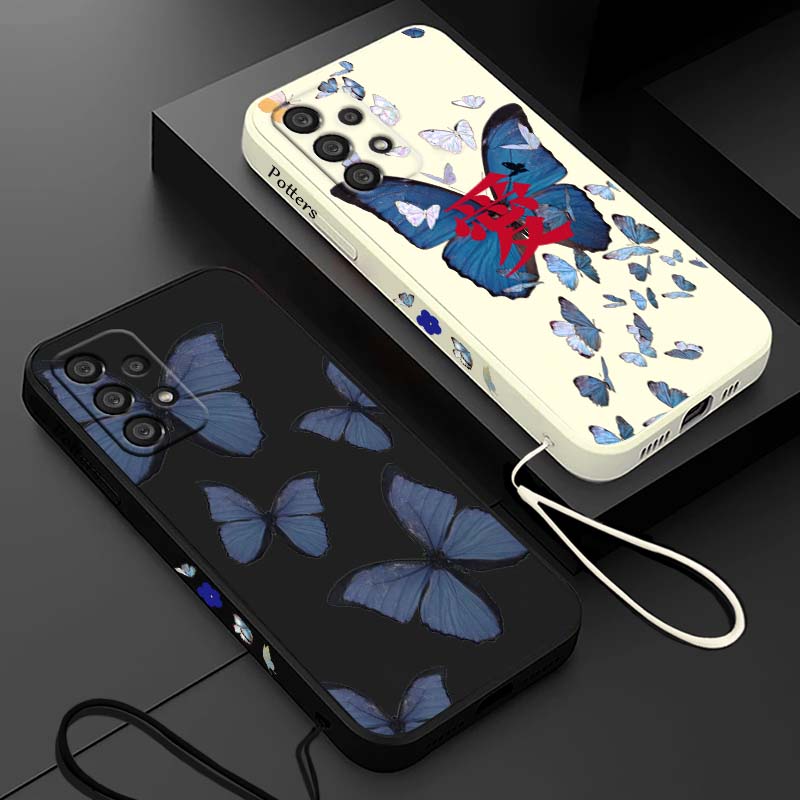 Silicone Liquid Case - เคสโทรศัพท์ลายผีเสื้อสีฟ้า สำหรับ Samsung Galaxy A73 A71