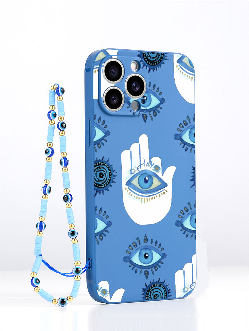 Silicone Liquid Case - เคสโทรศัพท์ซิลิโคนเหลวสุดหรู สีฟ้า ลายตาปีศาจ พร้อมสายคล้อง สำหรับ iPhone