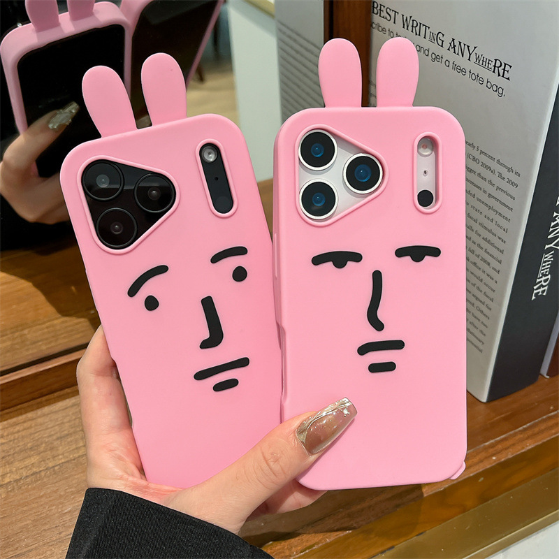 Phone Cases Kawaii - เคสโทรศัพท์ลายการ์ตูนกระต่ายน่ารัก 3 มิติ สีชมพู สำหรับ iPhone