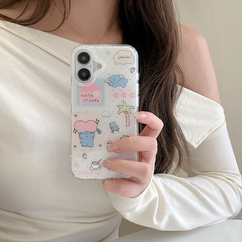 Phone Cases Kawaii - เคสโทรศัพท์ลายการ์ตูนช้างน่ารักกอดรัก สไตล์คาวาอี้ สำหรับ iPhone 17 16