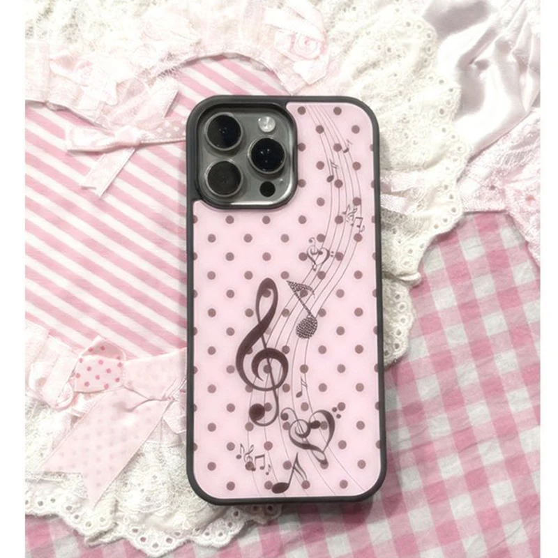 Phone Cases Junk - เคสโทรศัพท์ลายจุดสีชมพู-น้ำตาลสไตล์เกาหลี ลายหัวใจและโน้ตดนตรี สำหรับ iPhone 17 16