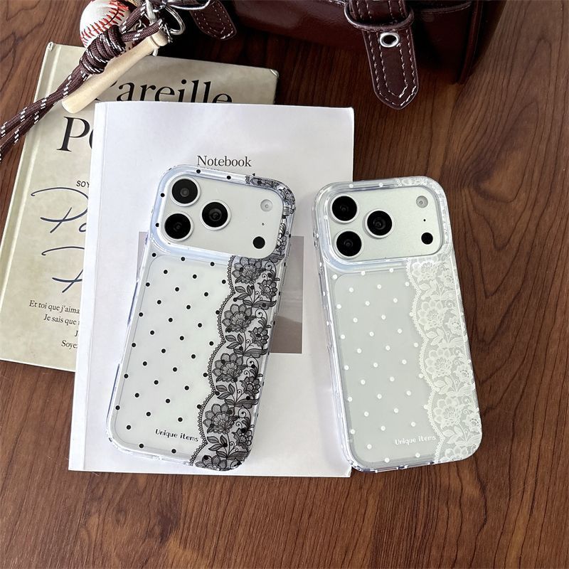 Phone Cases Kawaii - เคสโทรศัพท์ลายจุดลูกไม้สีขาวดำสไตล์คาวาอี้ สำหรับ iPhone 18 17 Air