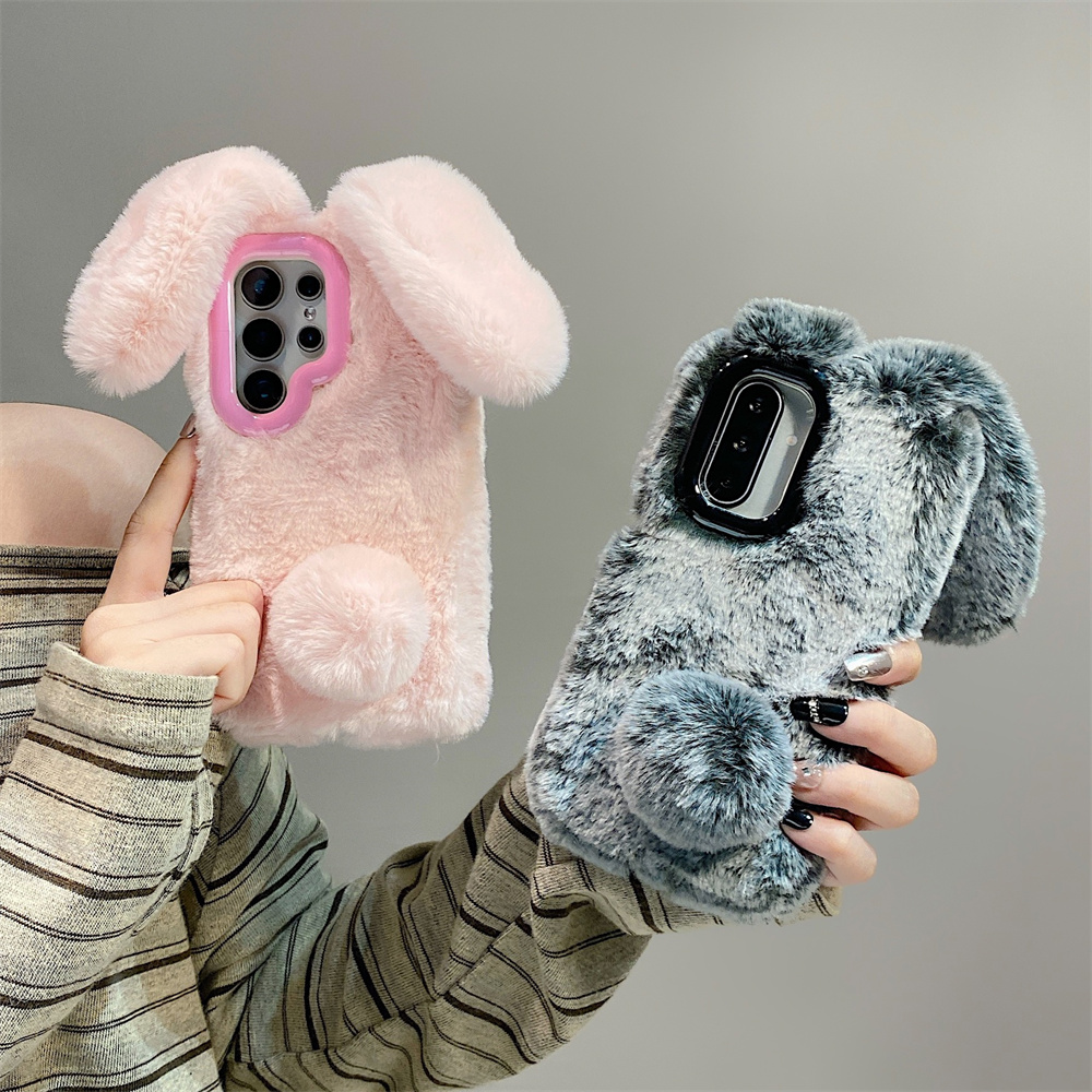 Phone Cases With Stand - เคสโทรศัพท์แบบตั้งได้ ขนปุย ลายหูกระต่ายน่ารัก สำหรับ Samsung Galaxy