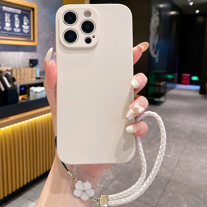 Silicone Liquid Case - เคสโทรศัพท์ซิลิโคนเหลวสุดหรู ลายดอกไม้ห้าแฉกและหญ้าแห่งโชคลาภ พร้อมสายคล้อง สำหรับ iPhone 18