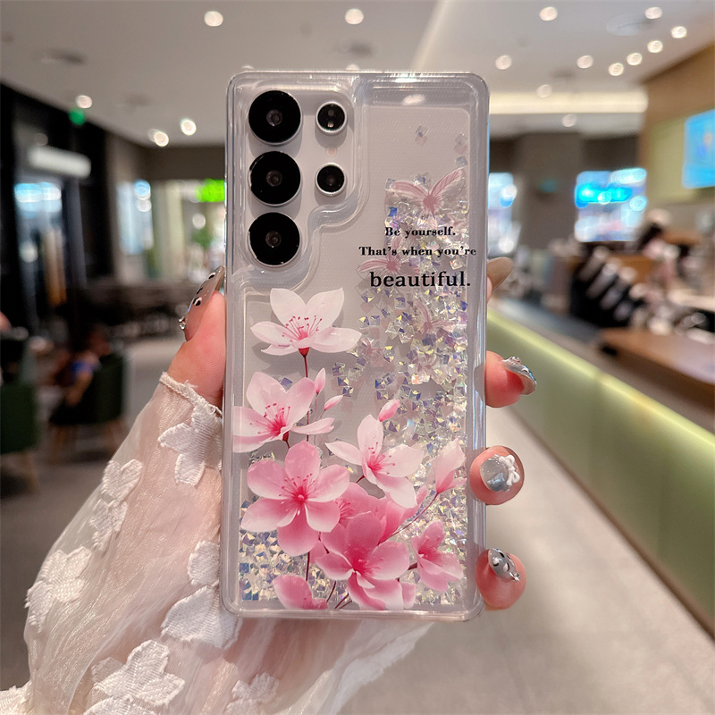 Silicone Liquid Case - เคสใสประดับกลิตเตอร์และเพชรแบบทรายไหล สำหรับ Samsung S23 S24 S25